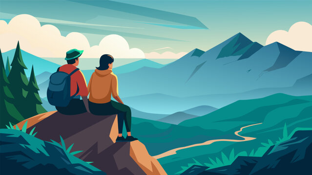 Two hikers perched on a rocky ledge their eyes fixed on the stunning views of rolling hills and distant mountains grateful for the chance to disconnect from technology and. Vector illustration