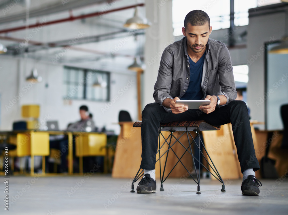 Poster creative, man and reading on tablet in office with research for app development, website layout or d
