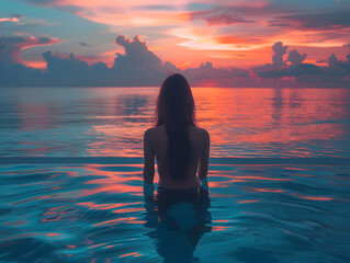 Fototapeta premium A beautiful Asian woman in a black bikini stands in front of the ocean during a sunset. 