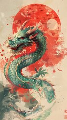Fototapeta premium Light green Chinese dragon. Oriental traditional Dragon artwork on red sun background. Lunar New Year Celebration