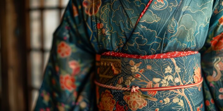kimono with traditional pattern and red floral obi