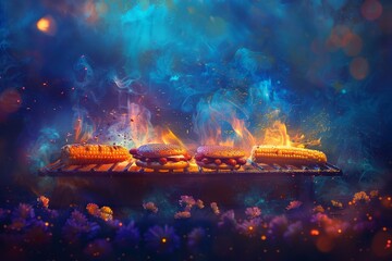 Colorful barbecue night sky scene with sizzling burgers and hotdogs, perfect for a dreamy culinary fantasy theme.