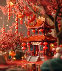 Obraz premium Traditional Chinese Pavilion with Red Lanterns