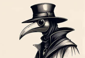 Plague doctor with mask and hat on an empty space hand drawn ink sketch, sketch vintage illustration