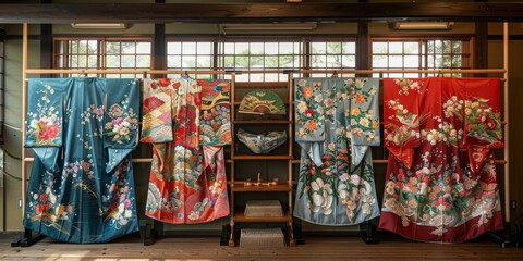 Kimono with floral patterns displayed in a traditional Japanese room