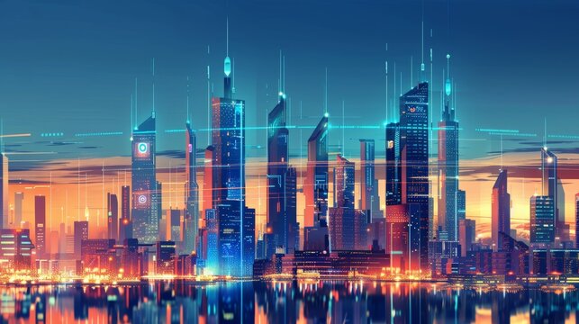 Conceptual illustration of a futuristic city skyline with AI-controlled skyscrapers and transportation systems. 
