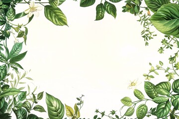Fototapeta premium A white background with leaves borders graphic design element. Exotic plants leaf set on an isolated white background, watercolor vector illustration. Wedding frame elements collection. 