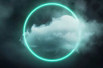 A dark sky 3D vertical frame featuring a swirling cloud lit by a mint green neon ring.