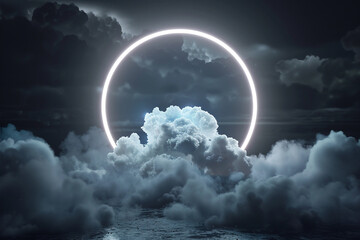 Obraz premium A cloud in a dark sky illuminated softly by a pearl white neon ring in a 3D frame.
