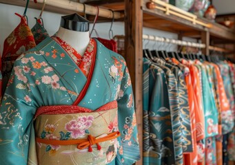 Naklejka premium Kimono with floral pattern displayed in a boutique