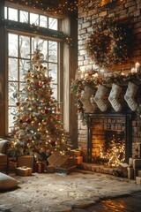Fototapeta premium Christmas tree by the fireplace