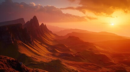 Naklejka premium The mountains with rugged peaks bask in the warm glow of sunset. 