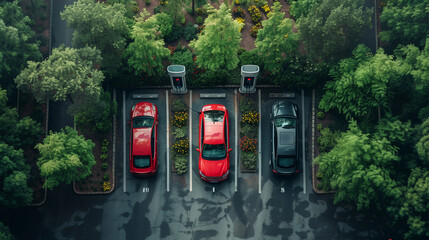 Aerial top view image of progressive modern green energy-powered charging station, electric vehicle...