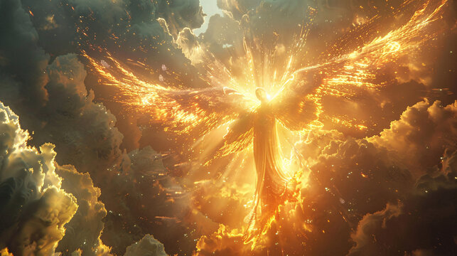 A breathtaking view of an angelic figure descending from the heavens, surrounded by luminous clouds illuminated by radiant sunlight