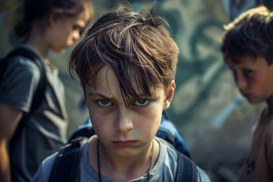 Boys standing next to each other with backpacks, verbal bullying concept 