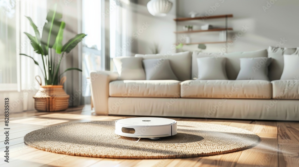 Wall mural Robot vacuum cleaner autonomously cleaning a modern living room, simplifying household chores.