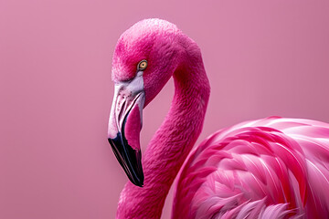 A pink flamingo faces sideways against a pink background