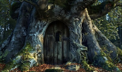 Naklejka premium An ancient tree which has many doors, each of which may lead to a different realm or dimension.