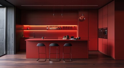 Sleek red kitchen featuring matte red cabinetry, dark walnut wooden flooring, and minimalist bar stools