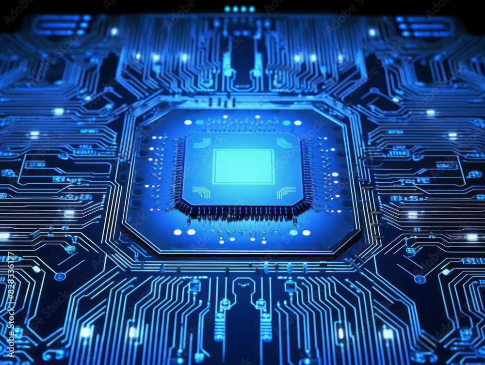 Poster A close-up of a circuit board with a central processing unit, illuminated in blue tones, symbolizing technology. Generative AI