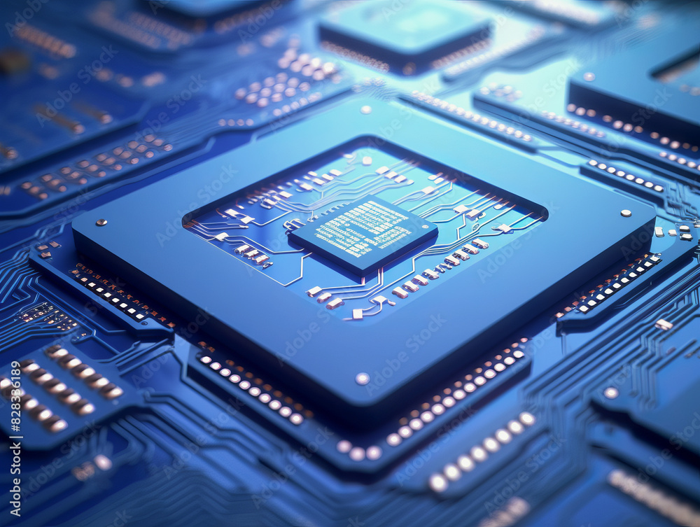 Poster close-up of a blue cpu on a motherboard, with a tech concept in perspective view. generative ai