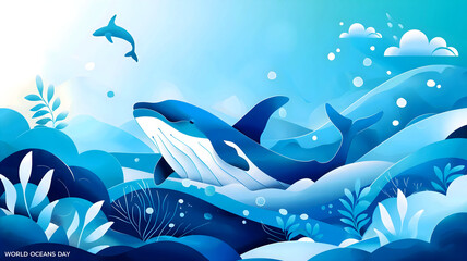 Obraz premium World oceans day illustration background, sea world animals and wildlife template