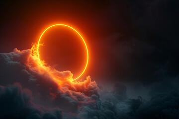Orange neon ring casts light on swirling clouds in a dark sky, 3D vertical presentation.