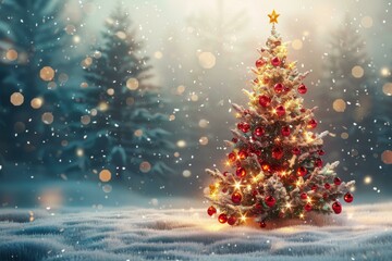 Obraz premium Christmas Tree Glowing in the Snowy Night
