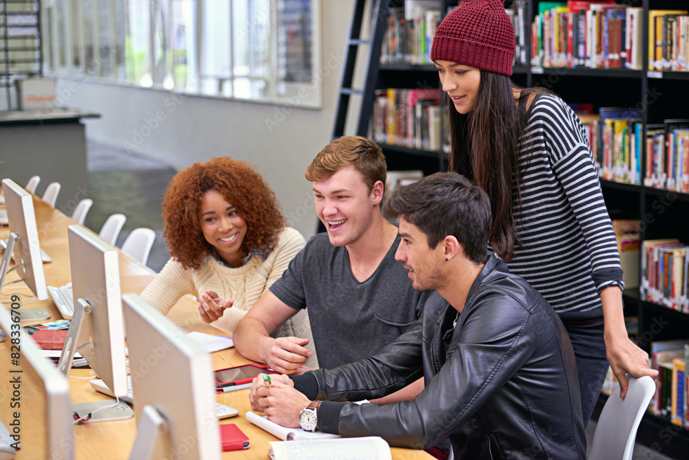 Poster education, library and happy group of students on computer for exam, learning knowledge and friends 