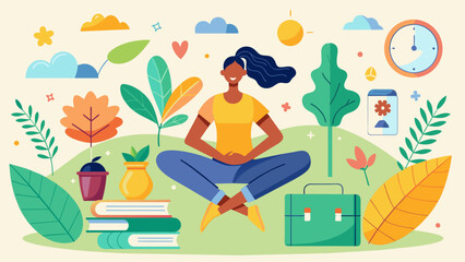 A playful set of self-care activity elements representing yoga, journaling, and spending time in nature.
