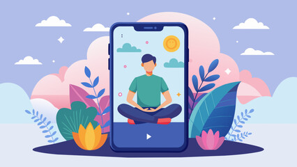 A modern flat design of a smartphone with a mindfulness app open and a serene background.