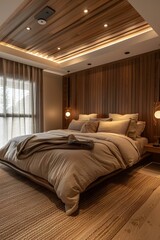 A bedroom with a wooden ceiling and a large bed