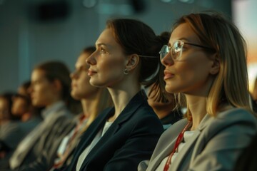 Obraz premium Group of businesswomen and businessman sitting in a row in convention center during business conference and listening