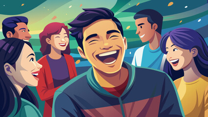 Obraz premium A photorealistic vector of a person smiling and laughing with friends in a supportive environment.