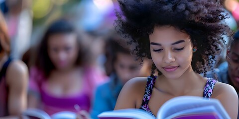 Diverse group of students studying outside girl with afro reading open book. Concept Diverse Students, Outdoor Education, Afro Hair, Reading, Open Book