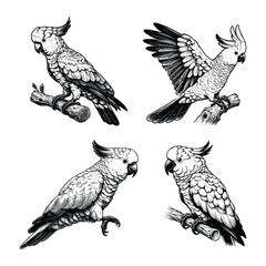 cockatoo bird animal  illustration. black and white hand drawn cockatoo vector illustration isolated white background