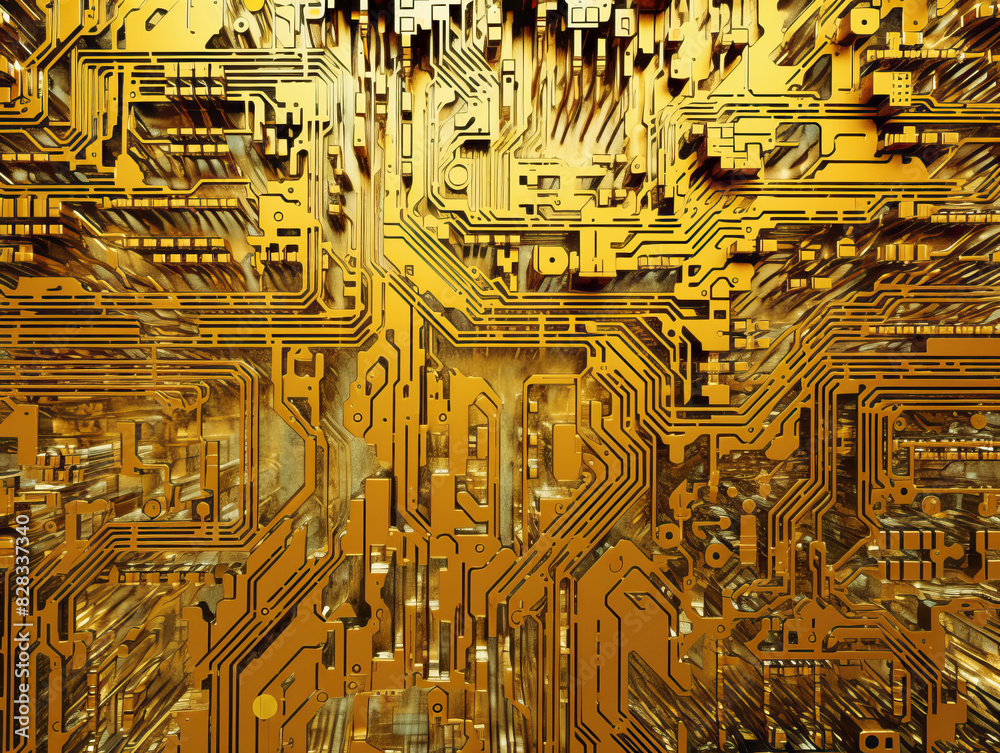 Poster complex circuit board pattern with gold and copper colors on a digital abstract background, embodyin