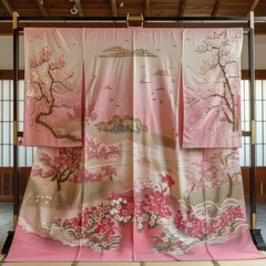 A kimono with a pattern of cherry blossoms and birds