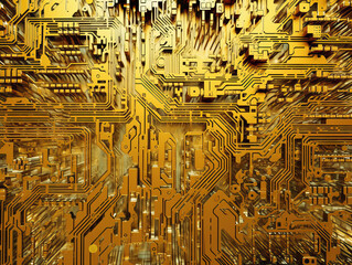 Complex circuit board pattern with gold and copper colors on a digital abstract background, embodying a technology concept. Generative AI