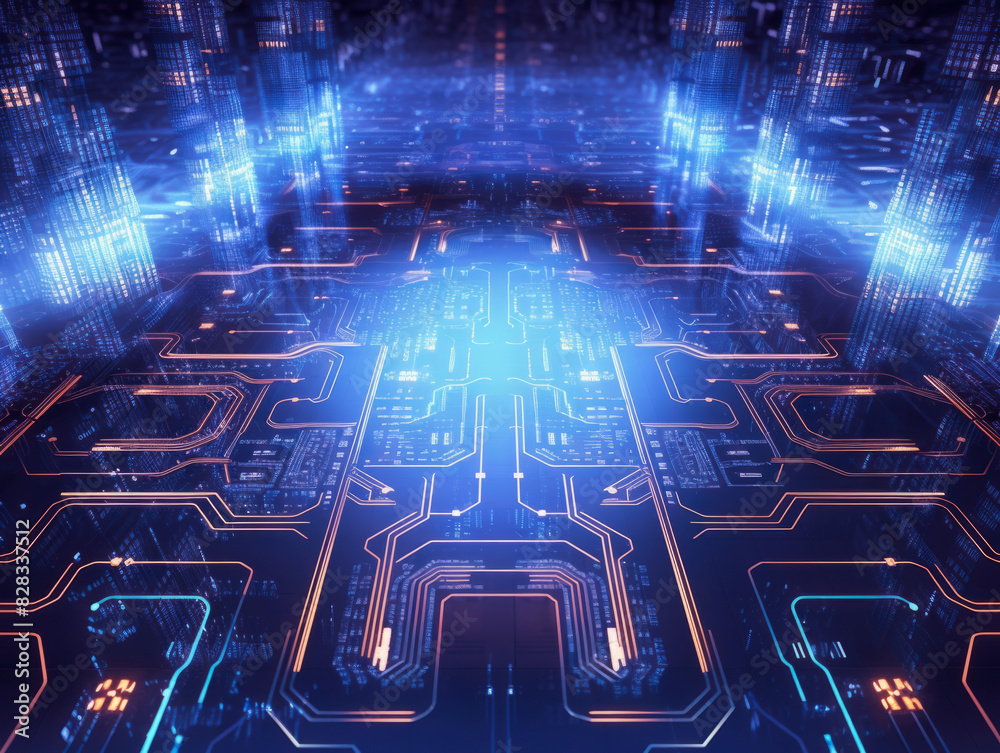 Poster futuristic circuit board with glowing blue lines on a dark background, concept of technology. genera