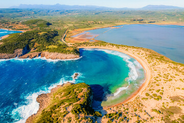 Aerial view of voidokilia beach, lagoon with beaches in mediterranean, Ionian Sea, Pylos town ,...