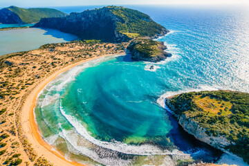 Aerial view of voidokilia beach, lagoon with beaches in mediterranean, Ionian Sea, Pylos town ,...