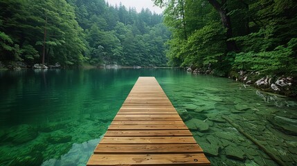 Fototapeta premium A charming wooden bridge crossing a tranquil river, with vibrant summer wildflowers along the banks and trees in full, verdant bloom, creating a serene and inviting landscape.