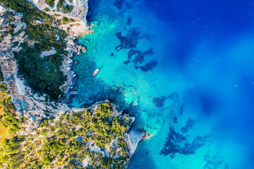 Blue caves on Zakynthos island or Zante Island, Greece. Beautiful views of azure sea water and nature with cliffs cave