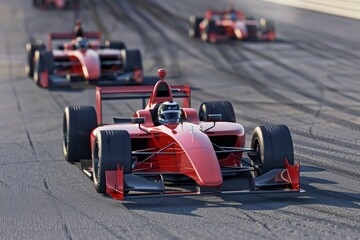 Fototapeta premium Three formula race cars on the race track with a red single-seater leading the race. 3d rendering