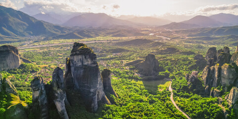 The monastery Meteora, aerila rocky monasteries complex in Greece near Kalabaka city. Holy...