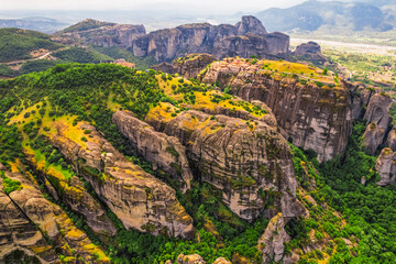 The monastery Meteora, aerila rocky monasteries complex in Greece near Kalabaka city. Holy Monastery of the Great Meteoron and Varlaam