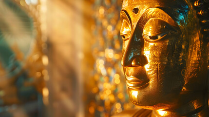 Artistic shot of a golden Buddha statue in a temple, with light casting shadows and highlighting the statue's serene expression and details.