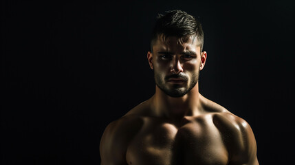 Fototapeta premium Photo of muscular man that stands on black background. Confident bodybuilder standing with tense muscles, emphasizing the dedication to physical fitness