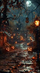 Spooky Halloween Village Street with Pumpkins